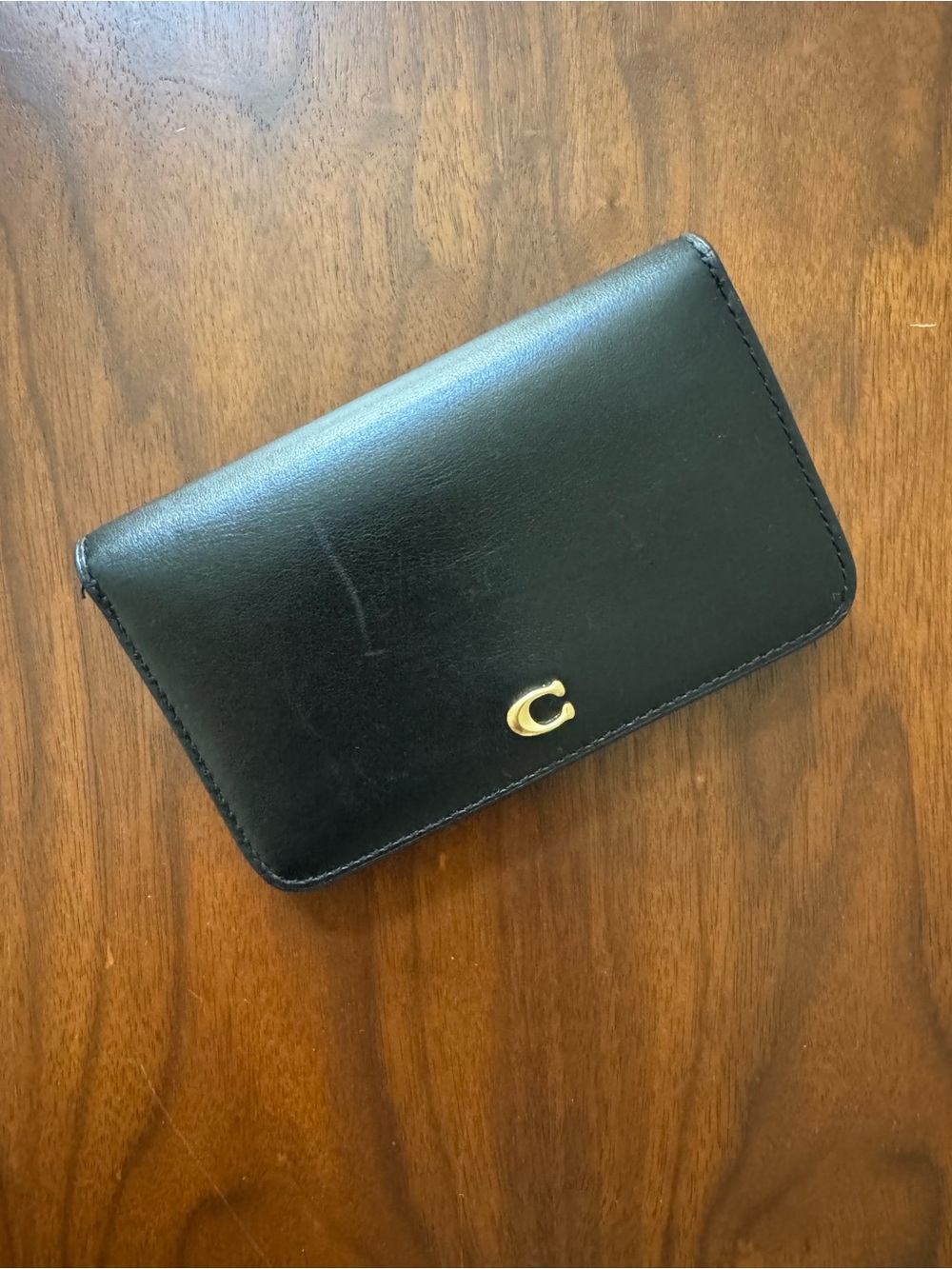 Coach Black Leather Small Wallet Slim Card Case Gold 'C' Logo